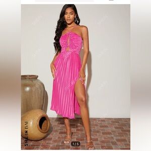 Pink Cut Out Pleated Split Thigh Tie Backless Cami Dress (S)
